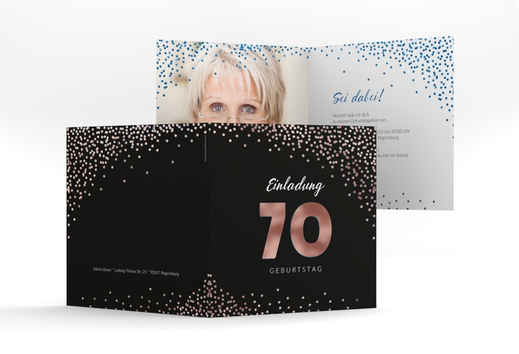 Einladung 70. Geburtstag Glitzer quadr. Klappkarte blau rosegold