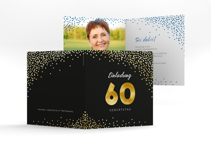 Einladung 60. Geburtstag Glitzer quadr. Klappkarte blau gold