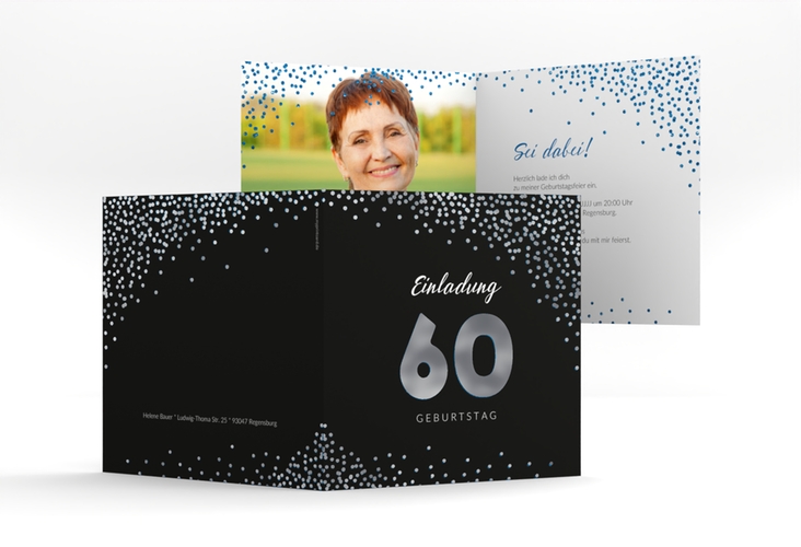 Einladung 60. Geburtstag Glitzer quadr. Klappkarte blau silber
