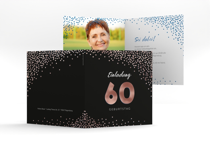 Einladung 60. Geburtstag Glitzer quadr. Klappkarte blau rosegold