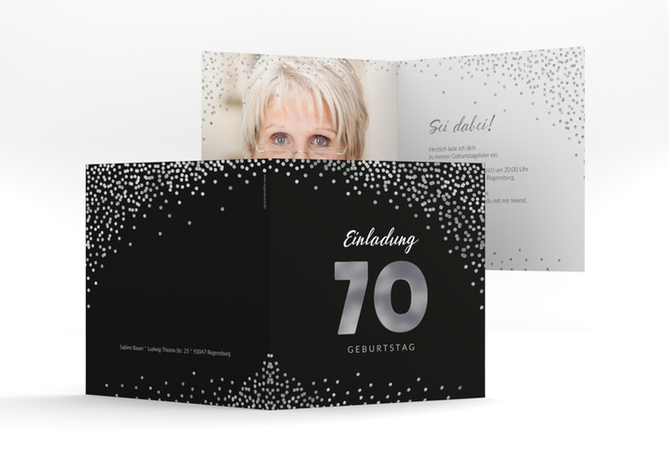 Einladung 70. Geburtstag Glitzer quadr. Klappkarte grau silber