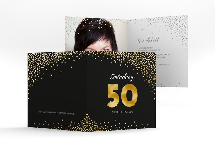 Einladung 50. Geburtstag Glitzer quadr. Klappkarte grau gold