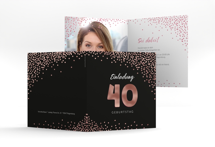 Einladung 40. Geburtstag Glitzer quadr. Klappkarte pink rosegold