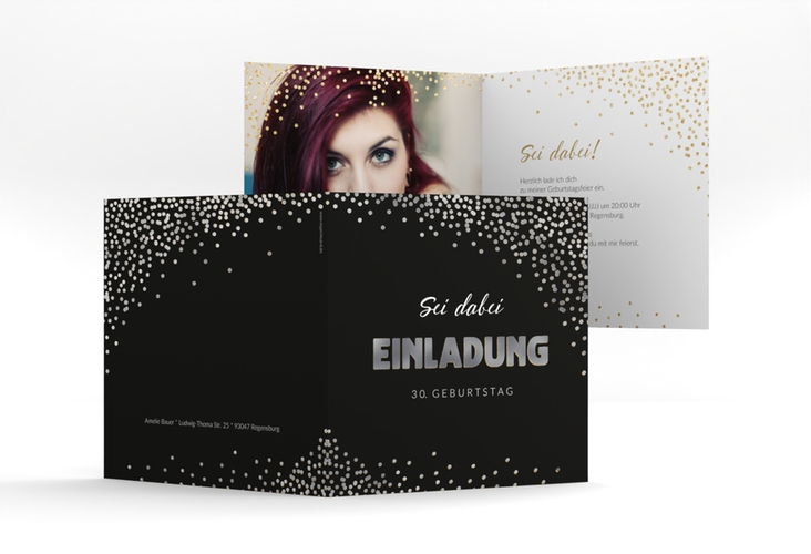 Einladung Geburtstag Glitzer quadr. Klappkarte gold silber