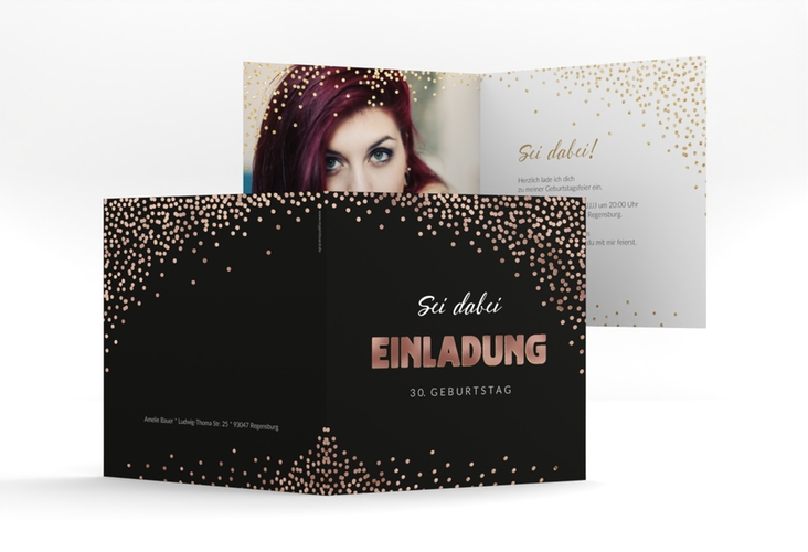 Einladung Geburtstag Glitzer quadr. Klappkarte gold rosegold