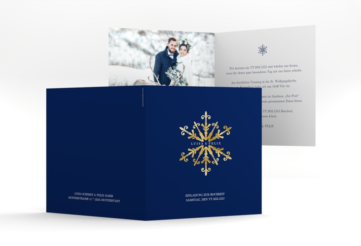 Hochzeitseinladung Crystal quadr. Klappkarte blau gold mit Eiskristall