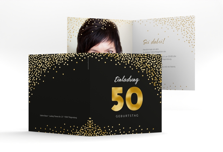 Einladung 50. Geburtstag Glitzer quadr. Klappkarte gold gold