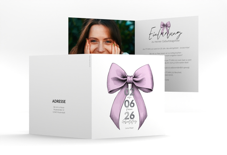 Einladung 30. Geburtstag Geburtstagsschleife quadr. Klappkarte rosa silber