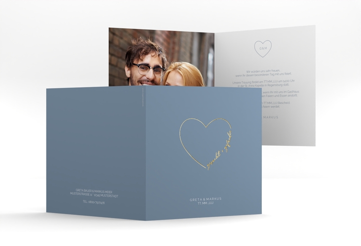 Hochzeitseinladung Lebenstraum quadr. Klappkarte blau gold