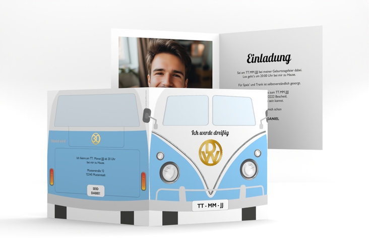 Einladung 30. Geburtstag Bulli Bus quadr. Klappkarte blau gold