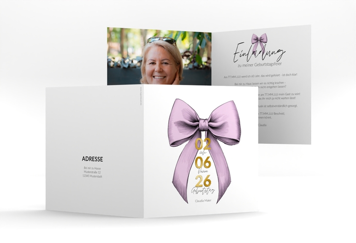 Einladung 60. Geburtstag Geburtstagsschleife quadr. Klappkarte rosa gold