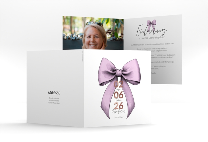 Einladung 60. Geburtstag Geburtstagsschleife quadr. Klappkarte rosa rosegold
