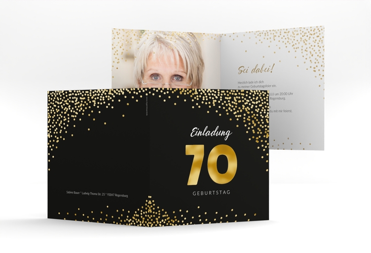 Einladung 70. Geburtstag Glitzer quadr. Klappkarte gold gold