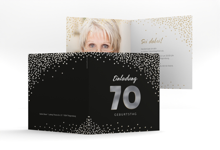 Einladung 70. Geburtstag Glitzer quadr. Klappkarte gold silber