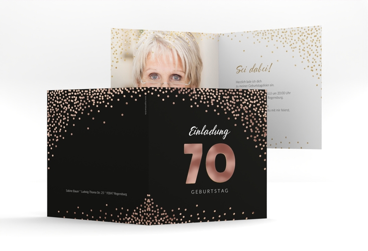 Einladung 70. Geburtstag Glitzer quadr. Klappkarte gold rosegold