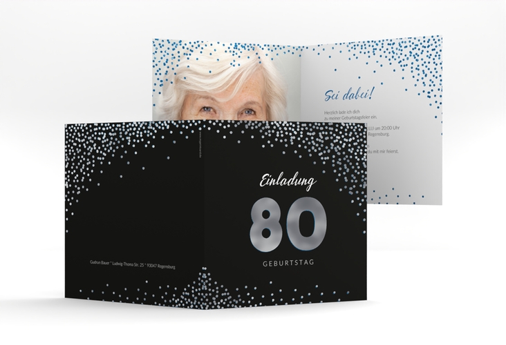 Einladung 80. Geburtstag Glitzer quadr. Klappkarte blau silber
