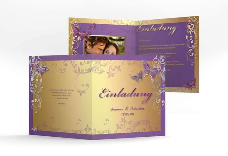 Hochzeitseinladung Toulouse quadr. Klappkarte lila silber romantisch mit Schmetterlingen