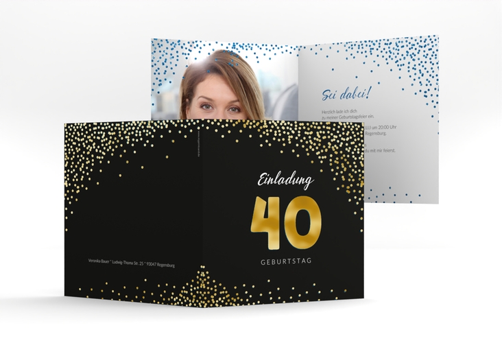 Einladung 40. Geburtstag Glitzer quadr. Klappkarte blau gold