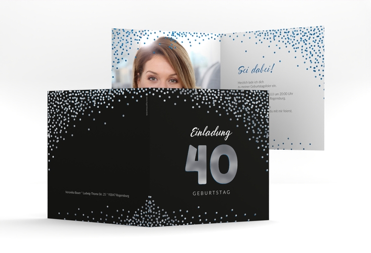 Einladung 40. Geburtstag Glitzer quadr. Klappkarte blau silber