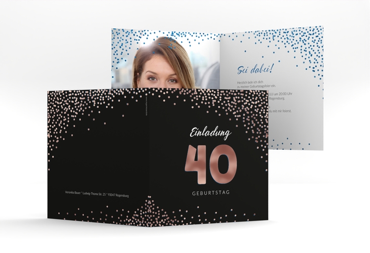 Einladung 40. Geburtstag Glitzer quadr. Klappkarte blau rosegold