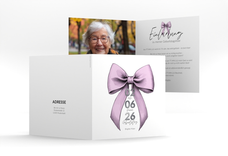 Einladung 70. Geburtstag Geburtstagsschleife quadr. Klappkarte rosa silber