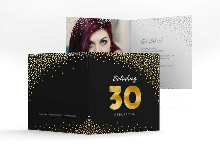 Einladung 30. Geburtstag Glitzer quadr. Klappkarte grau gold