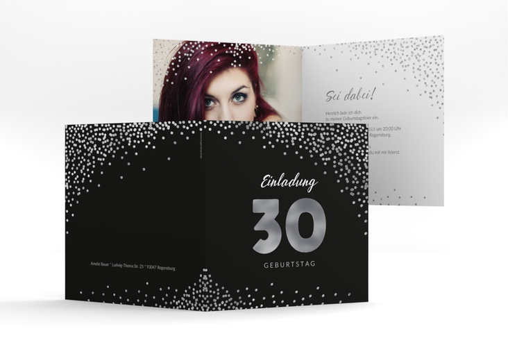 Einladung 30. Geburtstag Glitzer quadr. Klappkarte grau silber