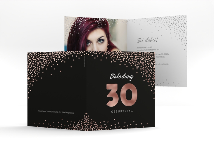 Einladung 30. Geburtstag Glitzer quadr. Klappkarte grau rosegold