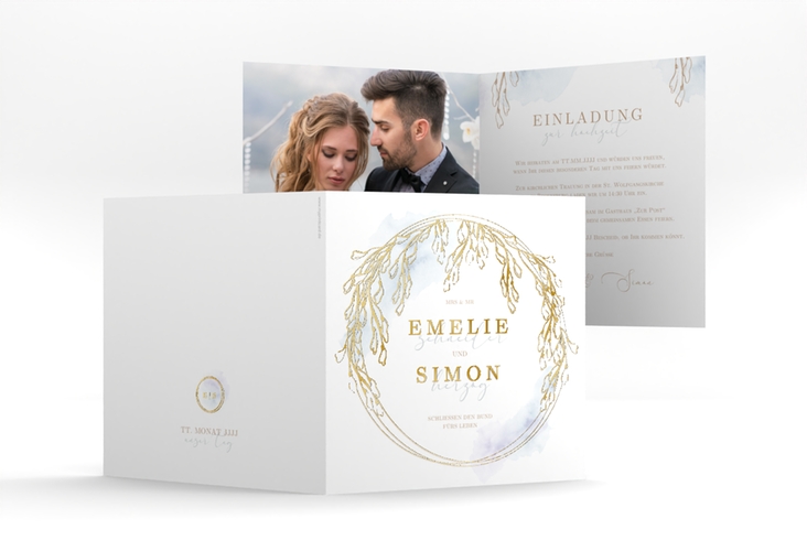 Hochzeitseinladung Wisteria quadr. Klappkarte blau gold mit Blumenbogen aus Blauregen