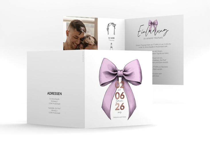 Hochzeitseinladung Schleife quadr. Klappkarte rosa rosegold