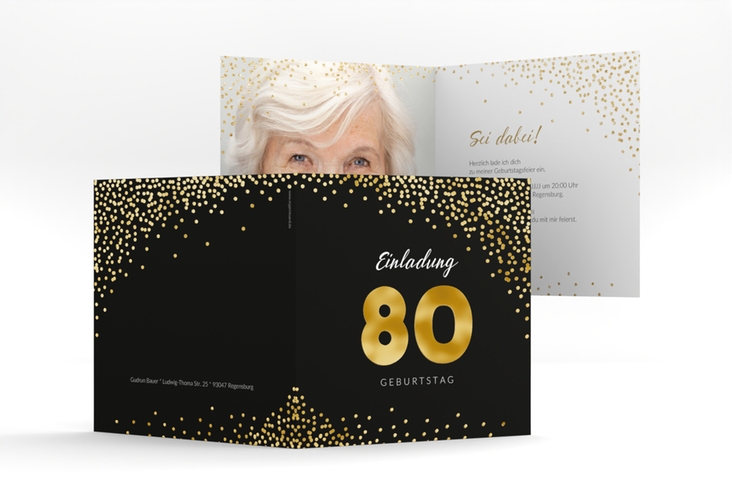 Einladung 80. Geburtstag Glitzer quadr. Klappkarte gold gold