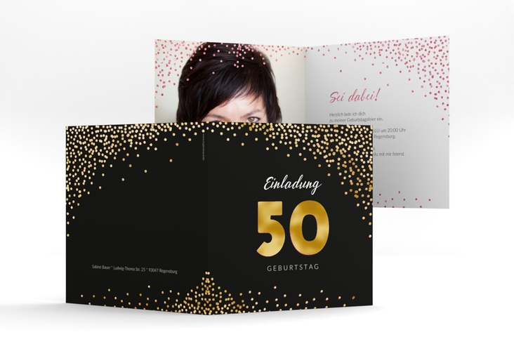 Einladung 50. Geburtstag Glitzer quadr. Klappkarte pink gold