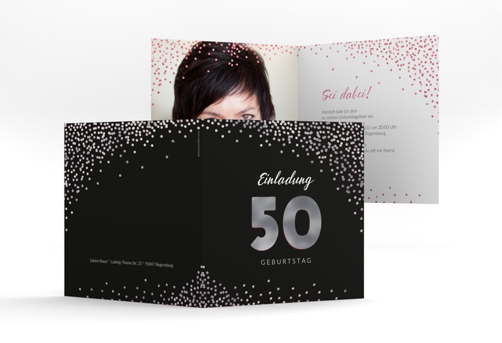 Einladung 50. Geburtstag Glitzer quadr. Klappkarte pink silber