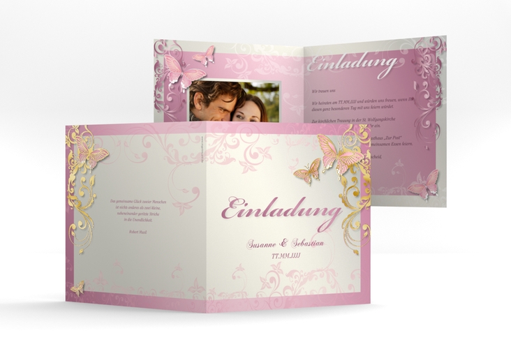 Hochzeitseinladung Toulouse quadr. Klappkarte rosa gold romantisch mit Schmetterlingen