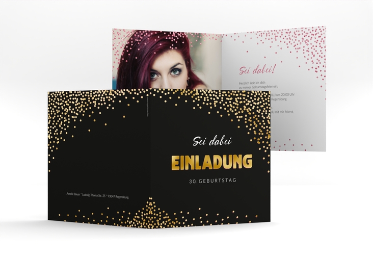 Einladung Geburtstag Glitzer quadr. Klappkarte pink gold