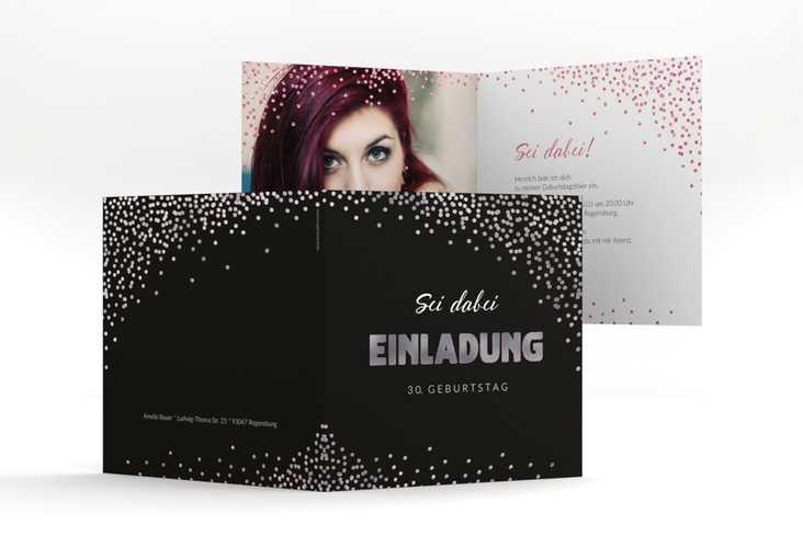 Einladung Geburtstag Glitzer quadr. Klappkarte pink silber