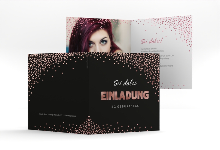 Einladung Geburtstag Glitzer quadr. Klappkarte pink rosegold