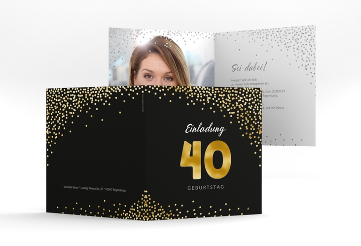 Einladung 40. Geburtstag Glitzer quadr. Klappkarte grau gold