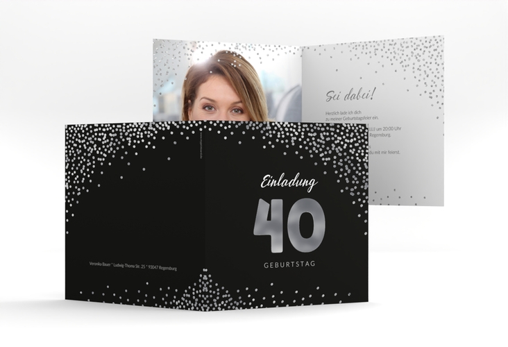 Einladung 40. Geburtstag Glitzer quadr. Klappkarte grau silber