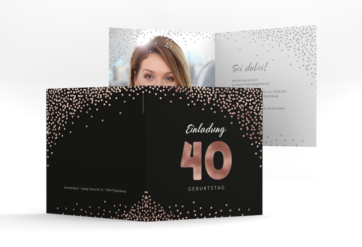 Einladung 40. Geburtstag Glitzer quadr. Klappkarte grau rosegold