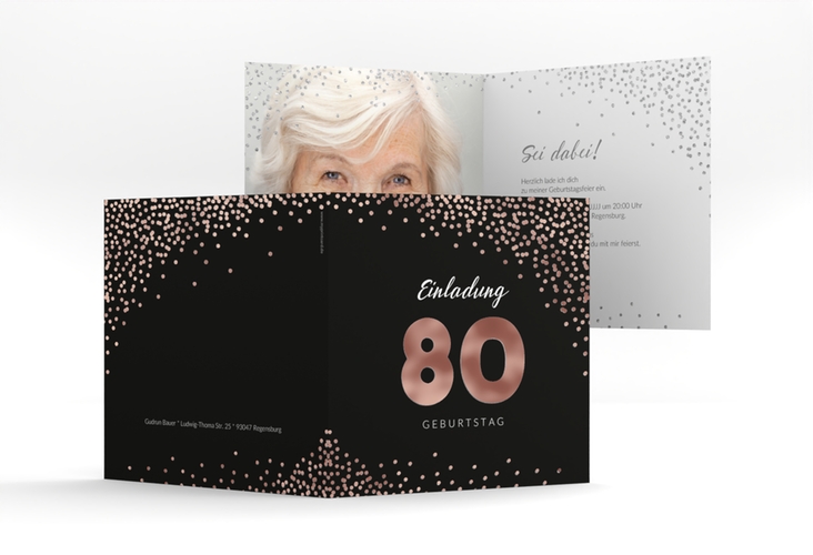 Einladung 80. Geburtstag Glitzer quadr. Klappkarte grau rosegold