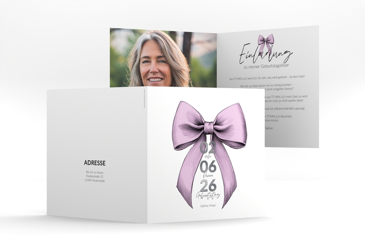 Einladung 50. Geburtstag Geburtstagsschleife quadr. Klappkarte rosa silber