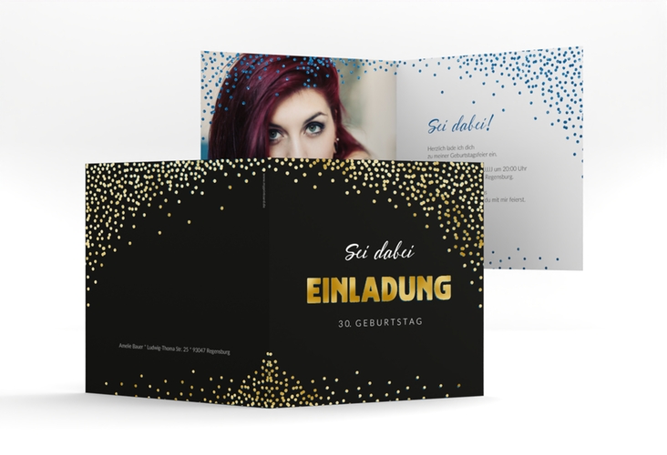 Einladung Geburtstag Glitzer quadr. Klappkarte blau gold