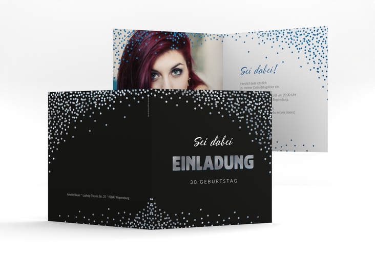 Einladung Geburtstag Glitzer quadr. Klappkarte blau silber