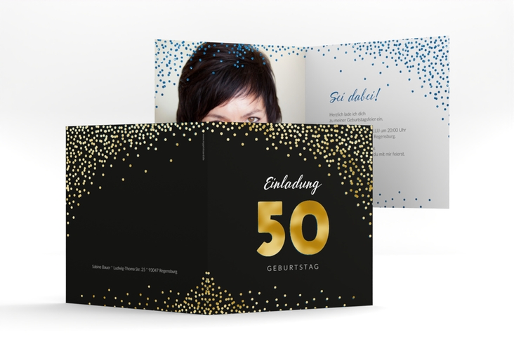 Einladung 50. Geburtstag Glitzer quadr. Klappkarte blau gold