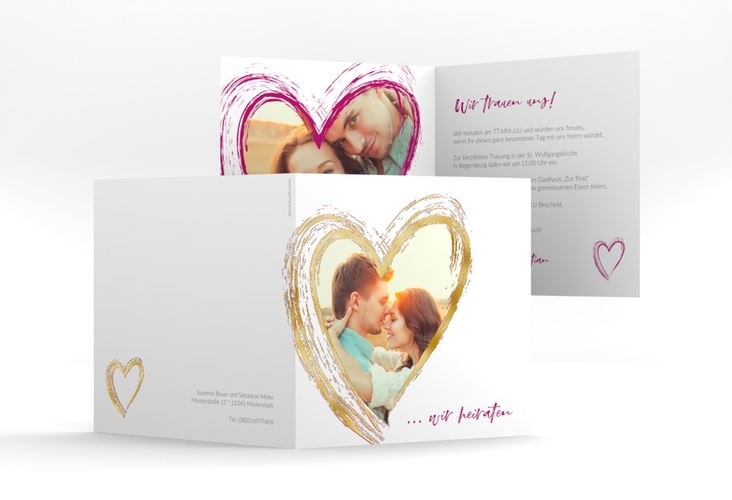 Hochzeitseinladung Liebe quadr. Klappkarte pink gold