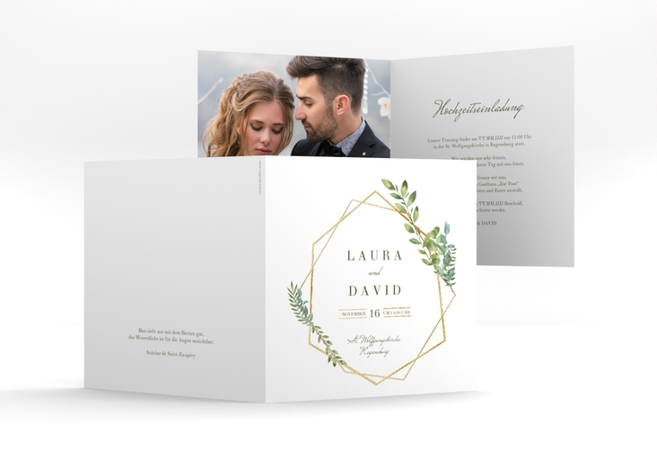 Hochzeitseinladung Herbarium quadr. Klappkarte gold gold mit geometrischem Rahmen und Blätter-Dekor