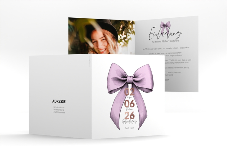 Einladung 40. Geburtstag Geburtstagsschleife quadr. Klappkarte rosa rosegold