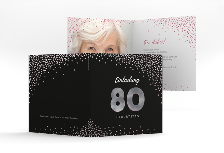 Einladung 80. Geburtstag Glitzer quadr. Klappkarte pink silber