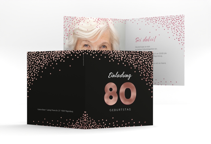 Einladung 80. Geburtstag Glitzer quadr. Klappkarte pink rosegold
